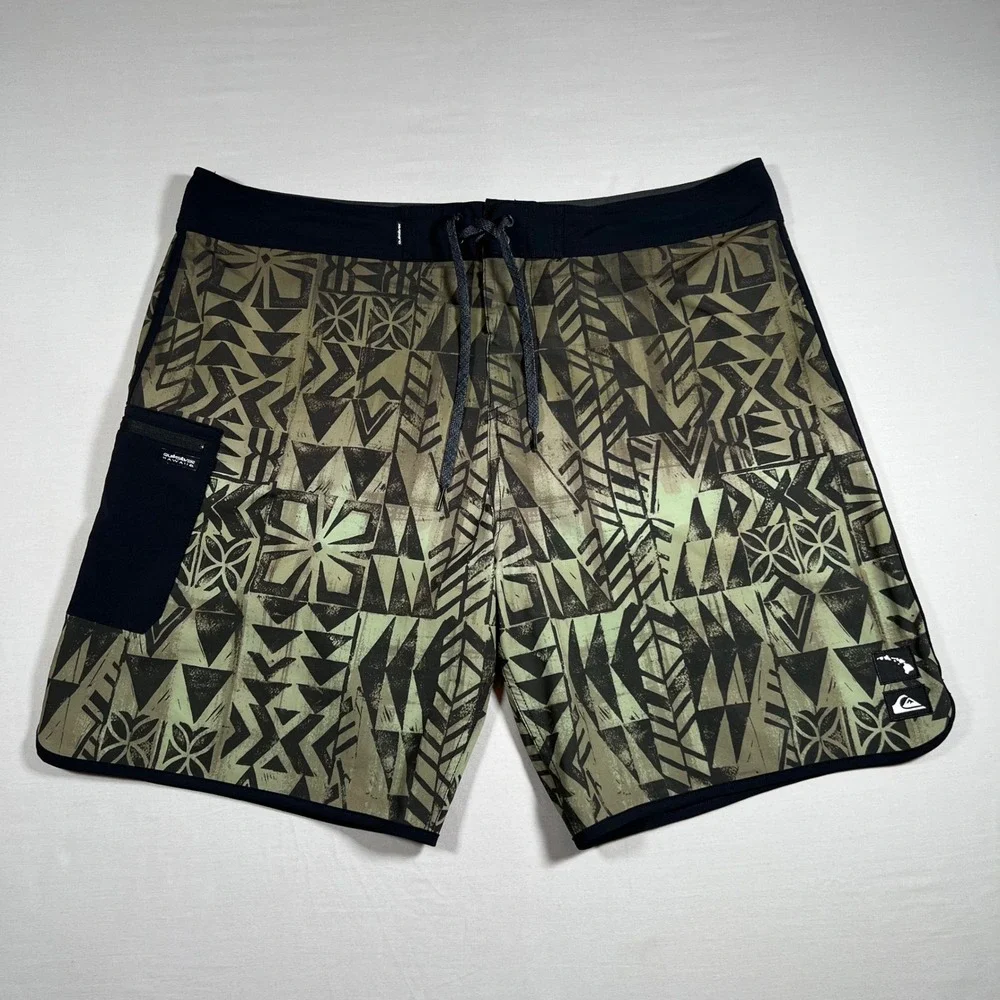 Quiksilver Hawaii Mens SurfSilk Boardshorts Size 40 Green Tribal Swim Trunks